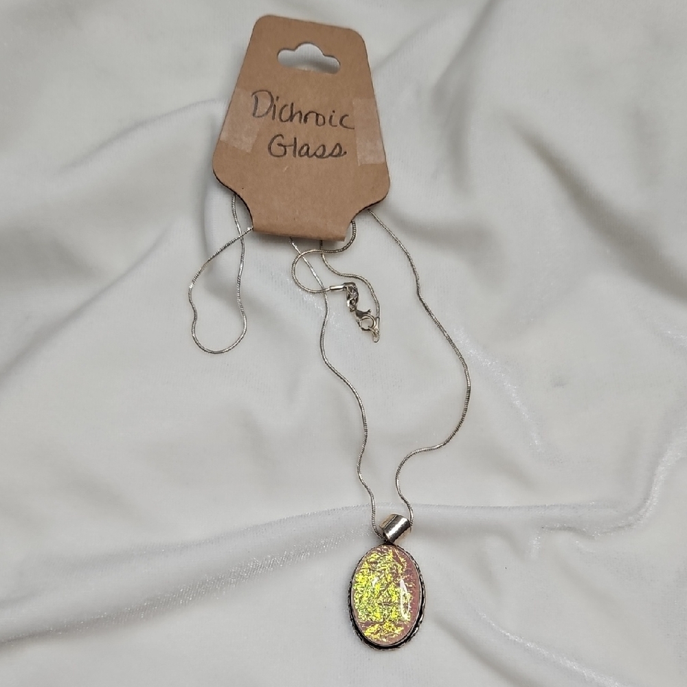 Peach Yellow Green Dichroic Glass Pendant Necklace Silver Plated 20 Inch Chain